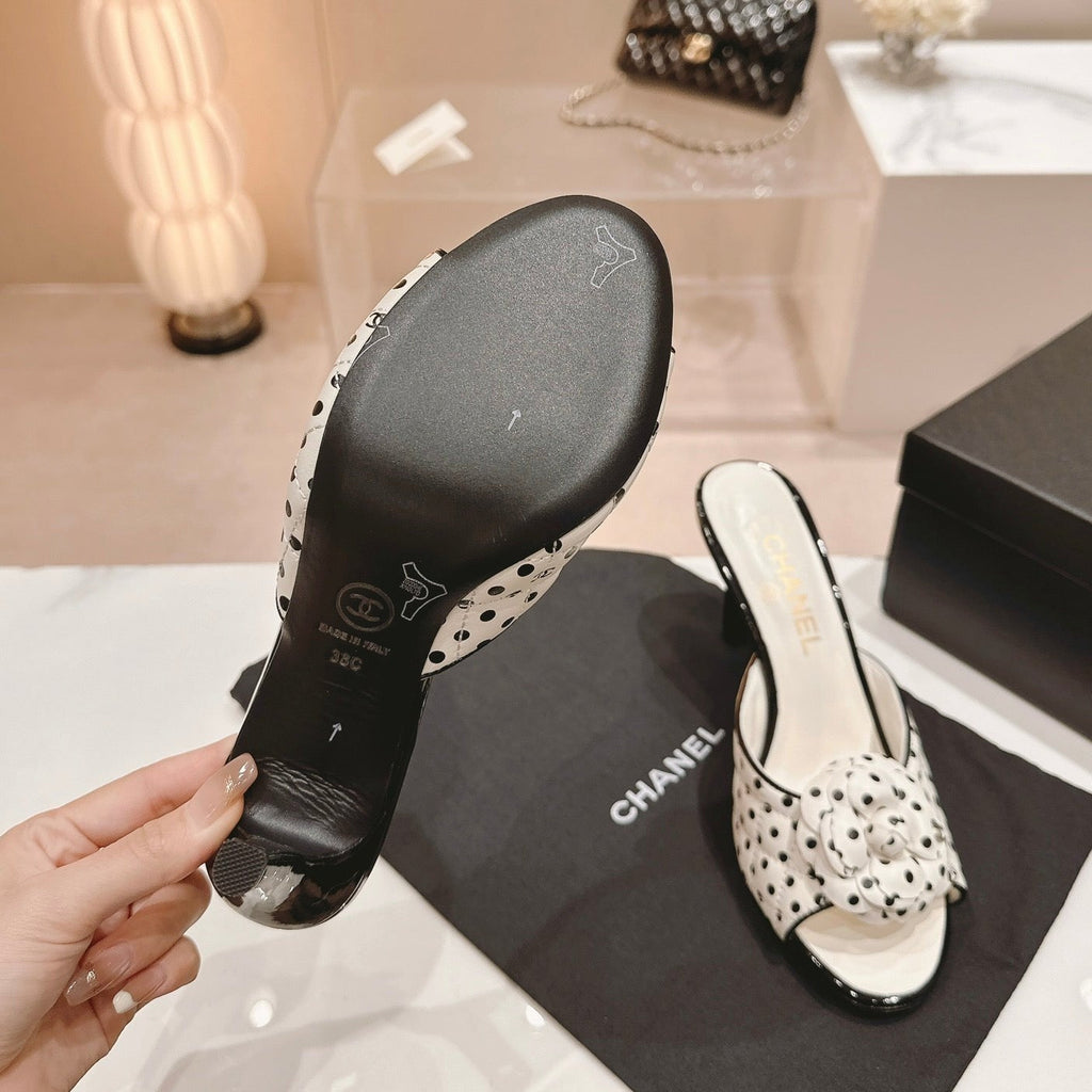 CHANEL Double C New Camellia High Heel Sandals White/ Black Caro