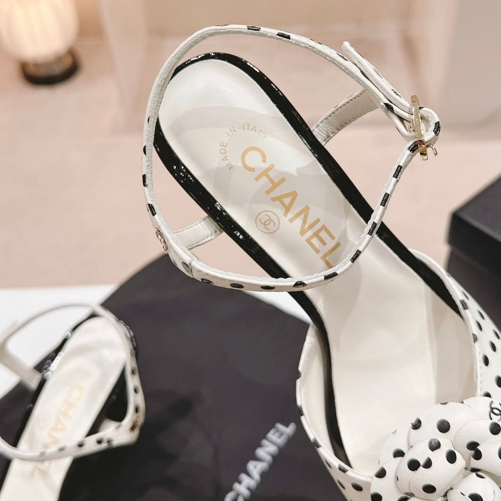 CHANEL Double C New Camellia High Heel Sandals White/ Black Caro