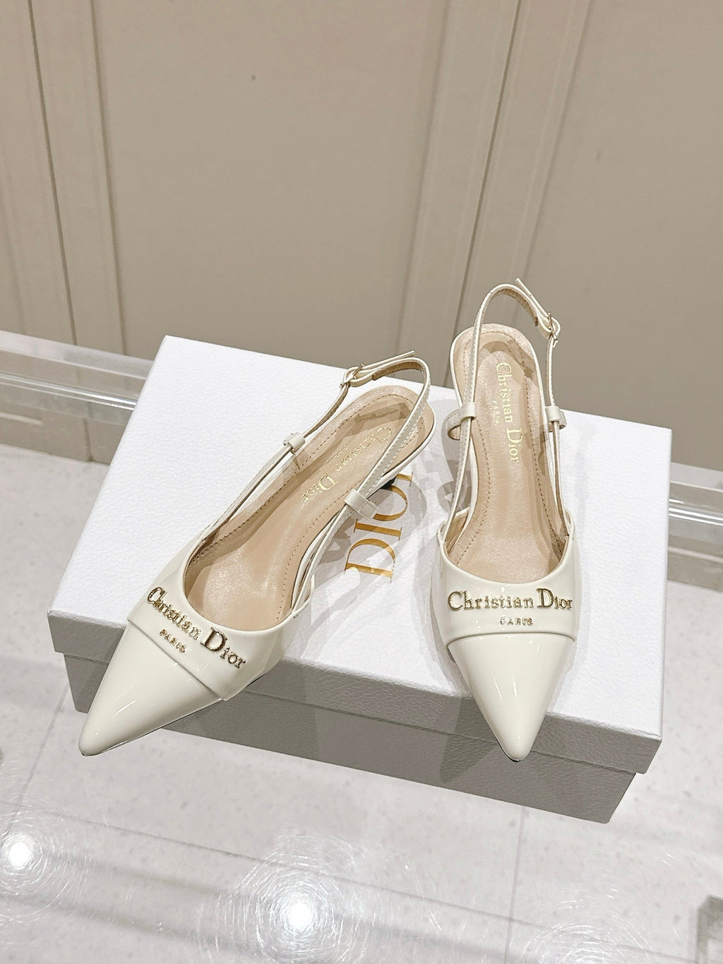 DIOR MY DD 25S SLINGBACK PUMP 50MM IN WHITE GLOSSY CALFSKIN