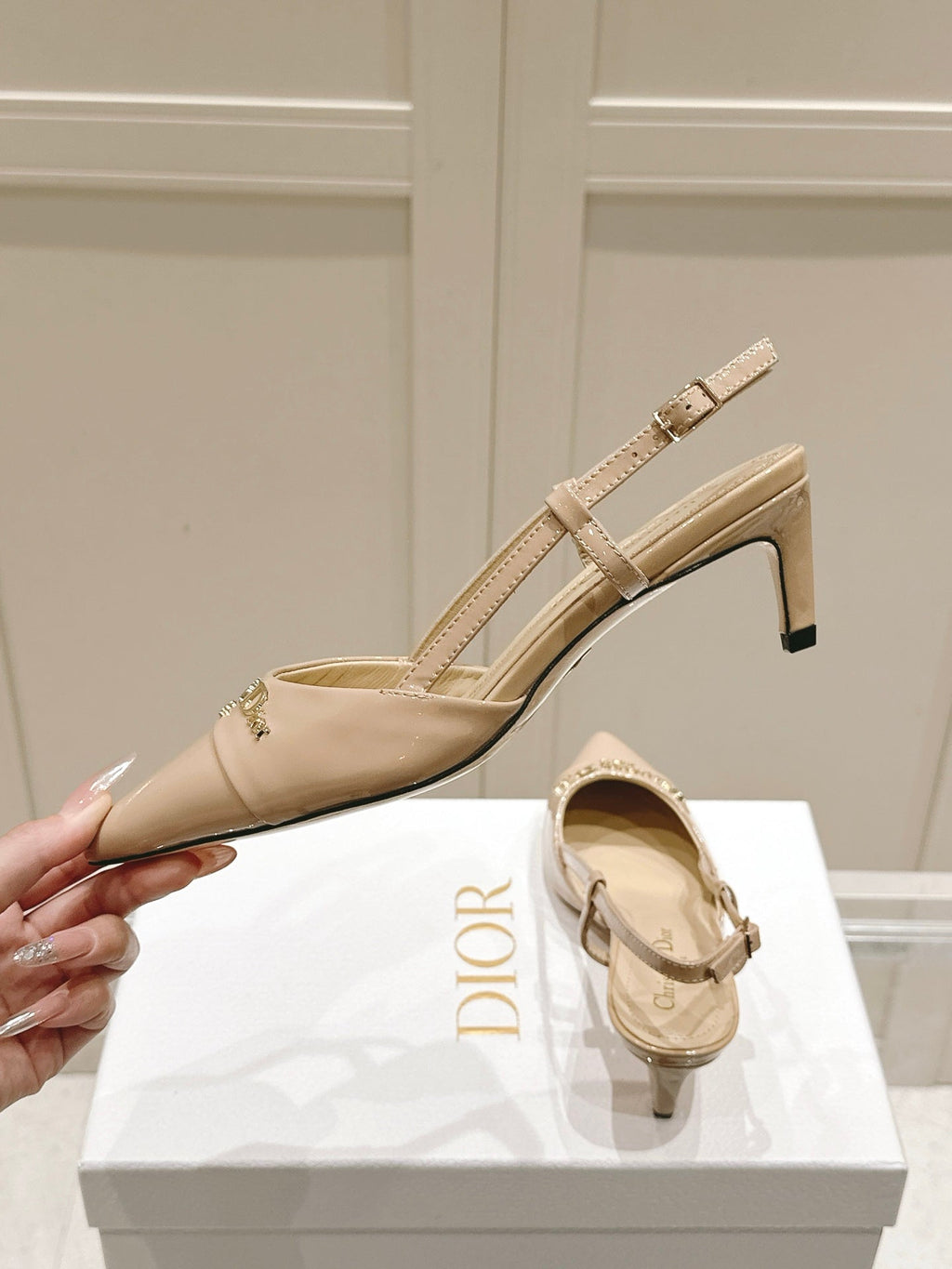 DIOR MY DD 25S SLINGBACK PUMP 50MM IN BEIGE GLOSSY CALFSKIN