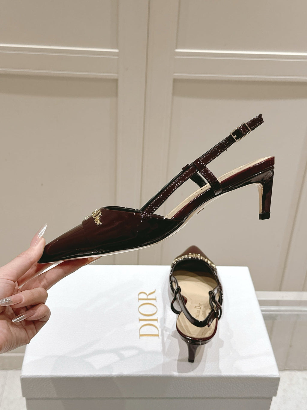 DIOR MY DD 25S SLINGBACK PUMP 50MM IN BURGUNDY RED GLOSSY CALFSKIN