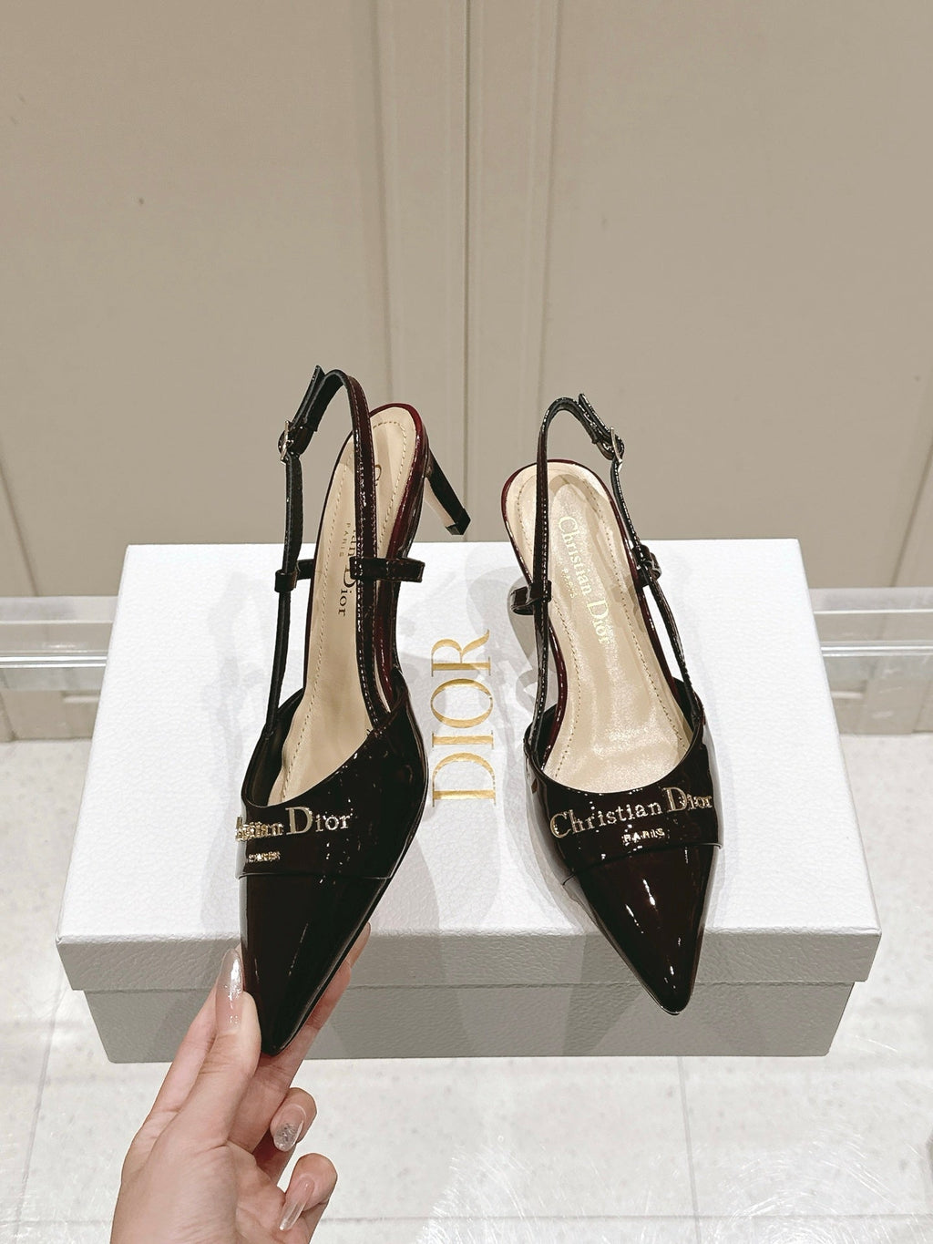 DIOR MY DD 25S SLINGBACK PUMP 50MM IN BURGUNDY RED GLOSSY CALFSKIN