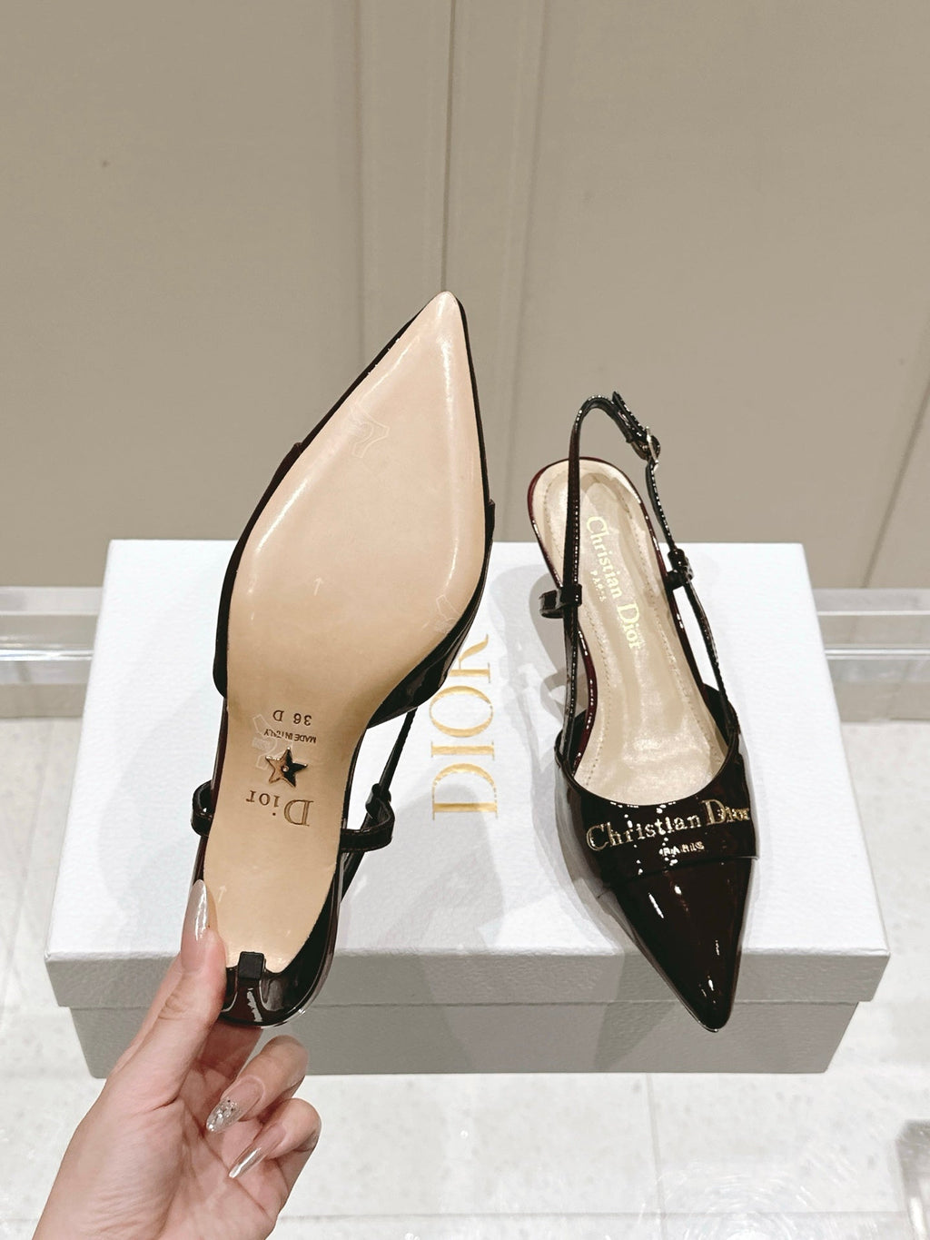 DIOR MY DD 25S SLINGBACK PUMP 50MM IN BURGUNDY RED GLOSSY CALFSKIN