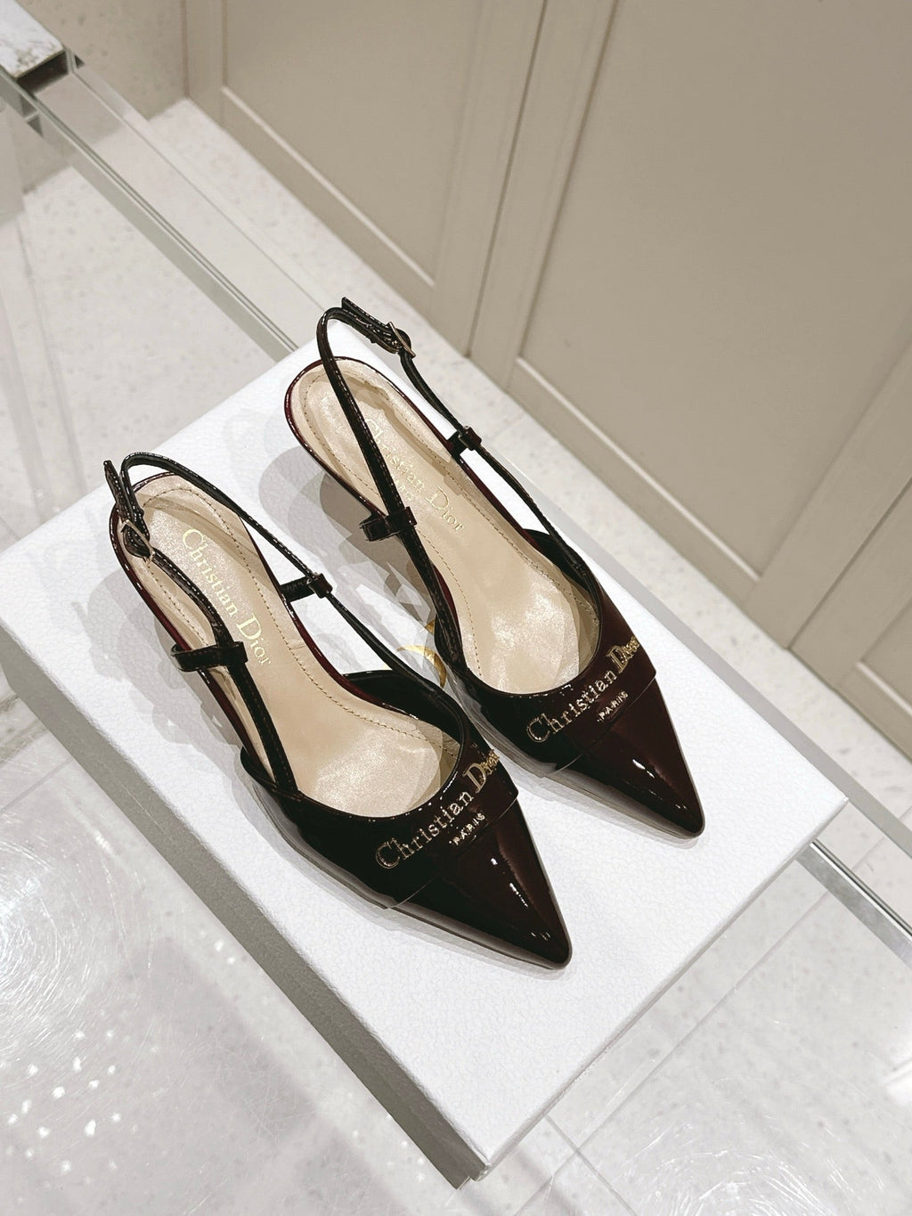 DIOR MY DD 25S SLINGBACK PUMP 50MM IN BURGUNDY RED GLOSSY CALFSKIN