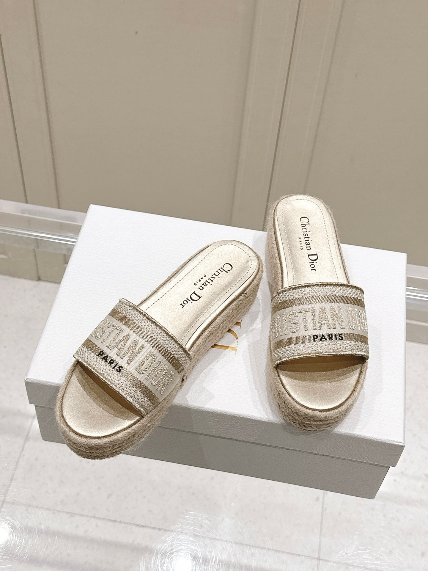 DIOR DWAY WEDGE SLIDES 45MM IN WARM GREIGE FABRIC RAFFIA SOLE