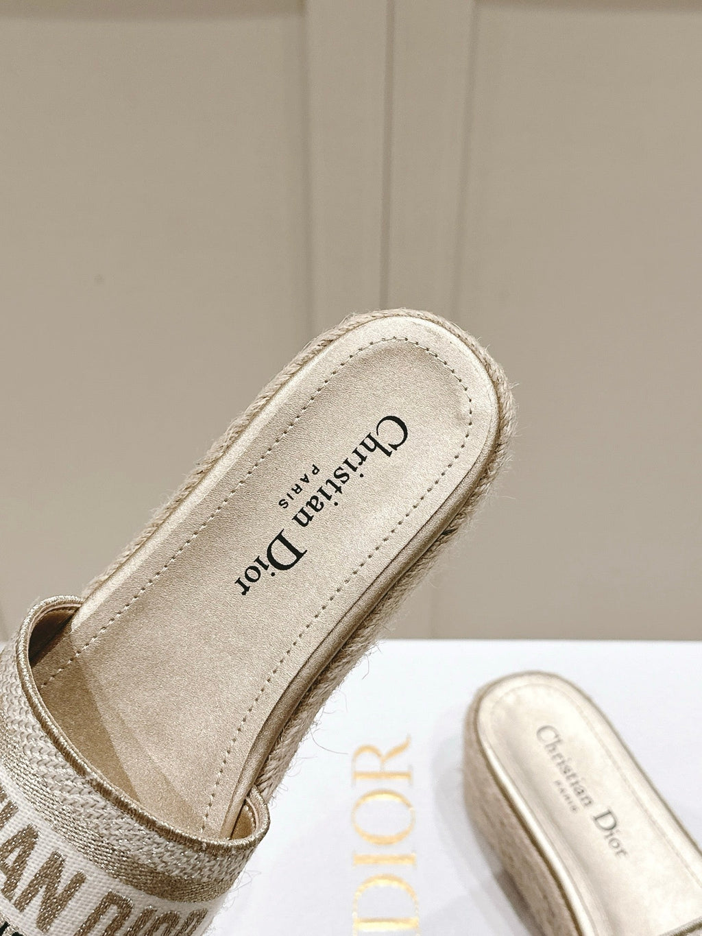 DIOR DWAY WEDGE SLIDES 45MM IN WARM GREIGE FABRIC RAFFIA SOLE