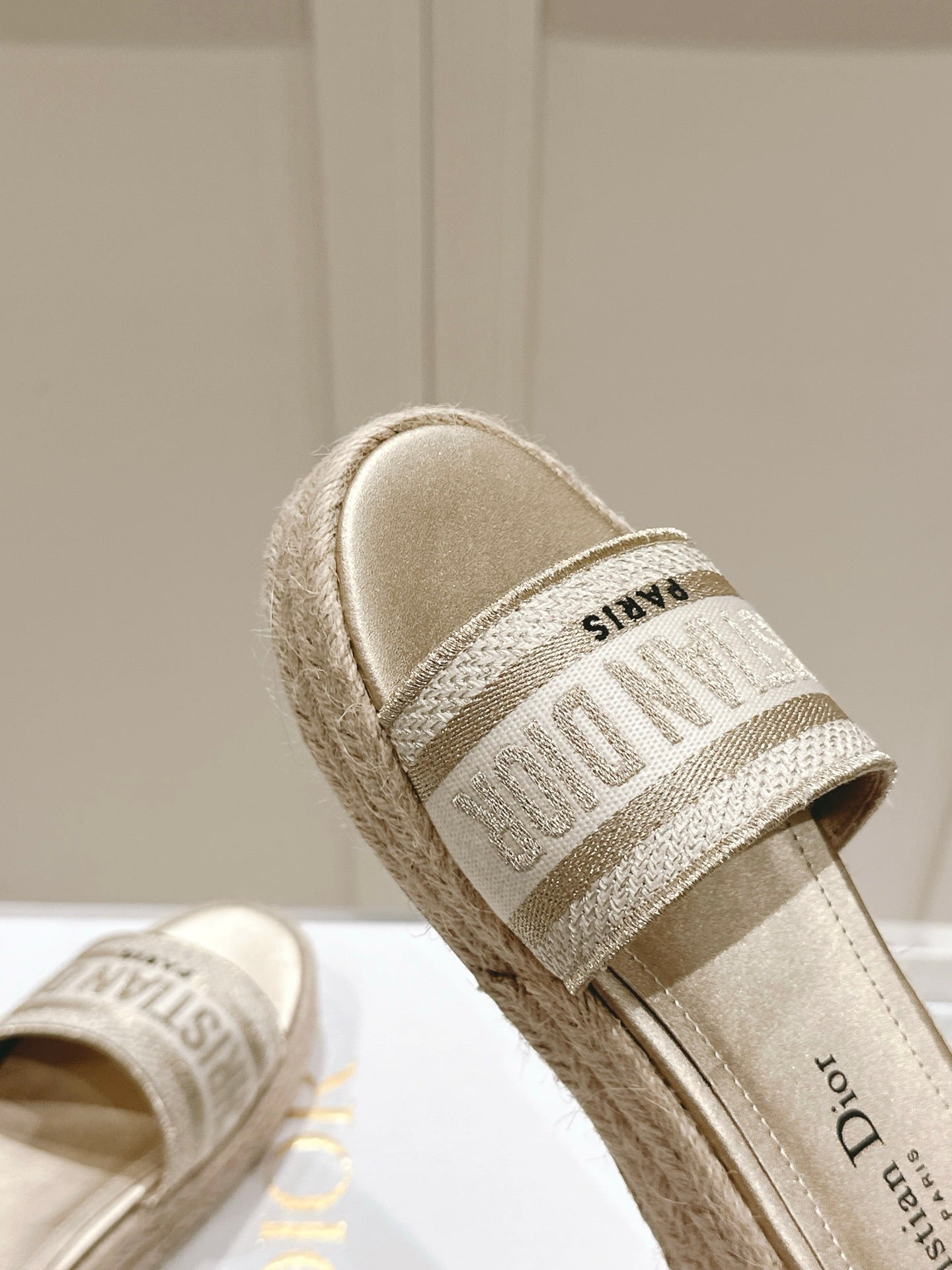DIOR DWAY WEDGE SLIDES 45MM IN WARM GREIGE FABRIC RAFFIA SOLE