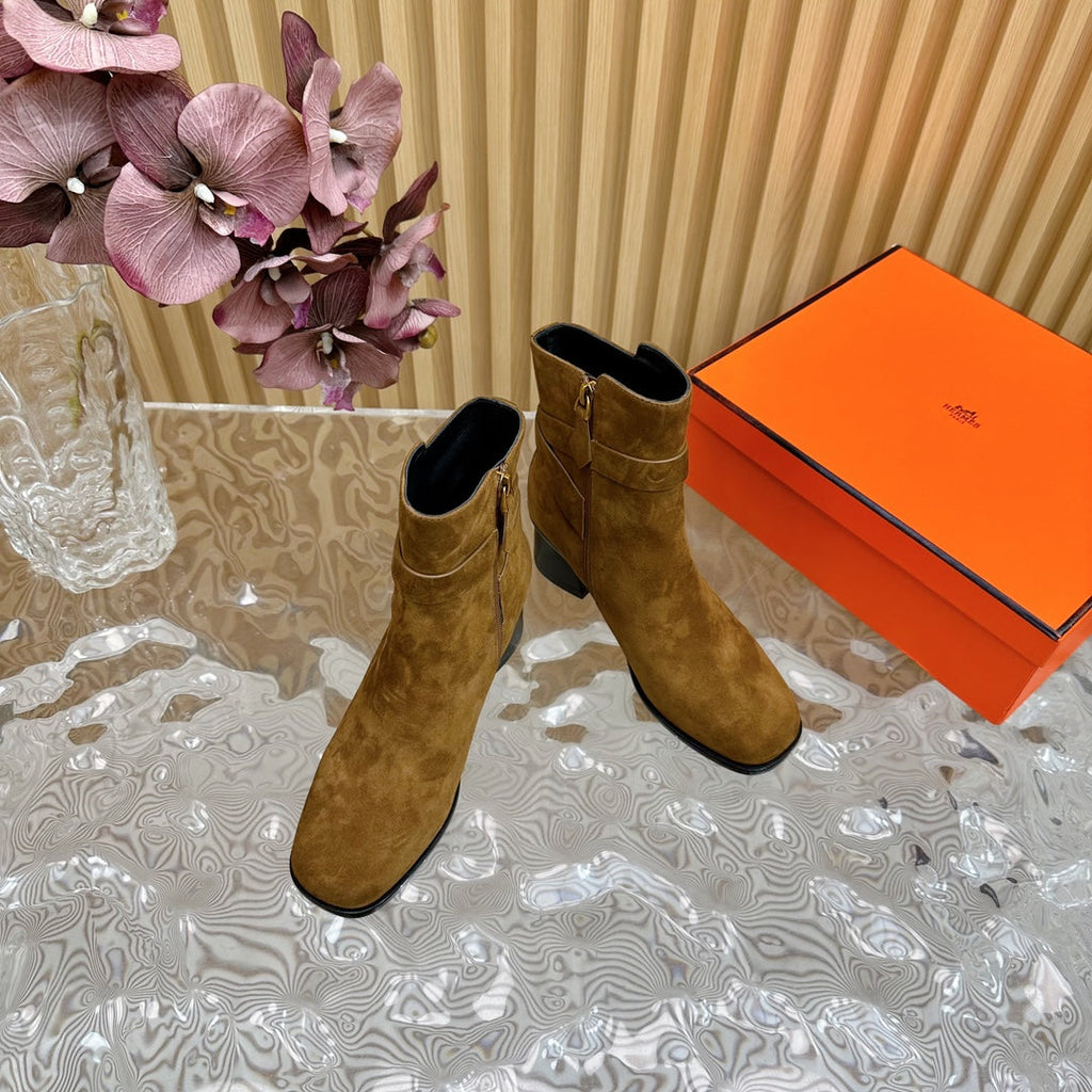 HERMES JILL 60 ANKLE BOOT IN CHOCOLATE BROWN SUEDE