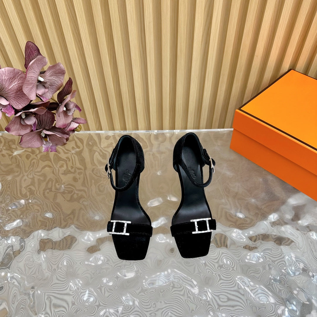 HERMES JULY SANDAL 105 MM IN BLACK VELVET