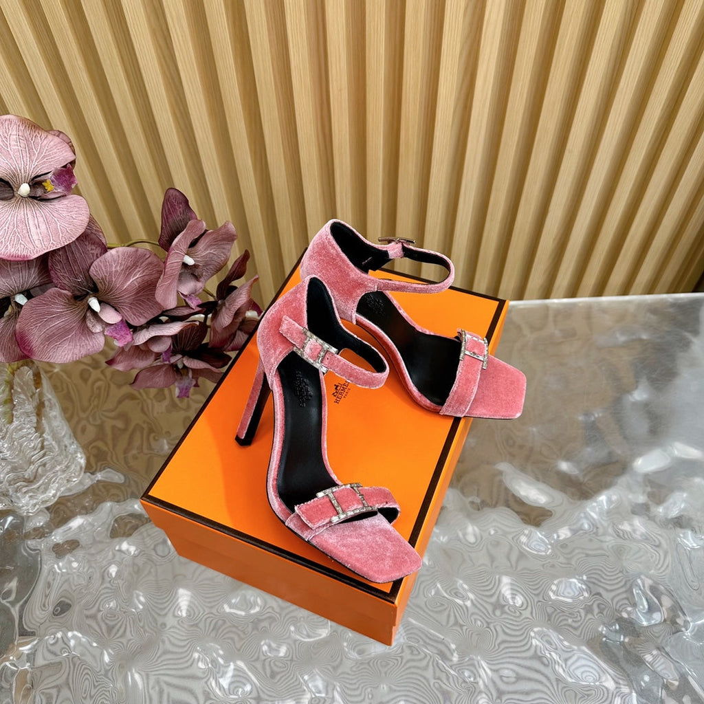 HERMES JULY SANDAL 105 MM IN ROUGE PINK VELVET