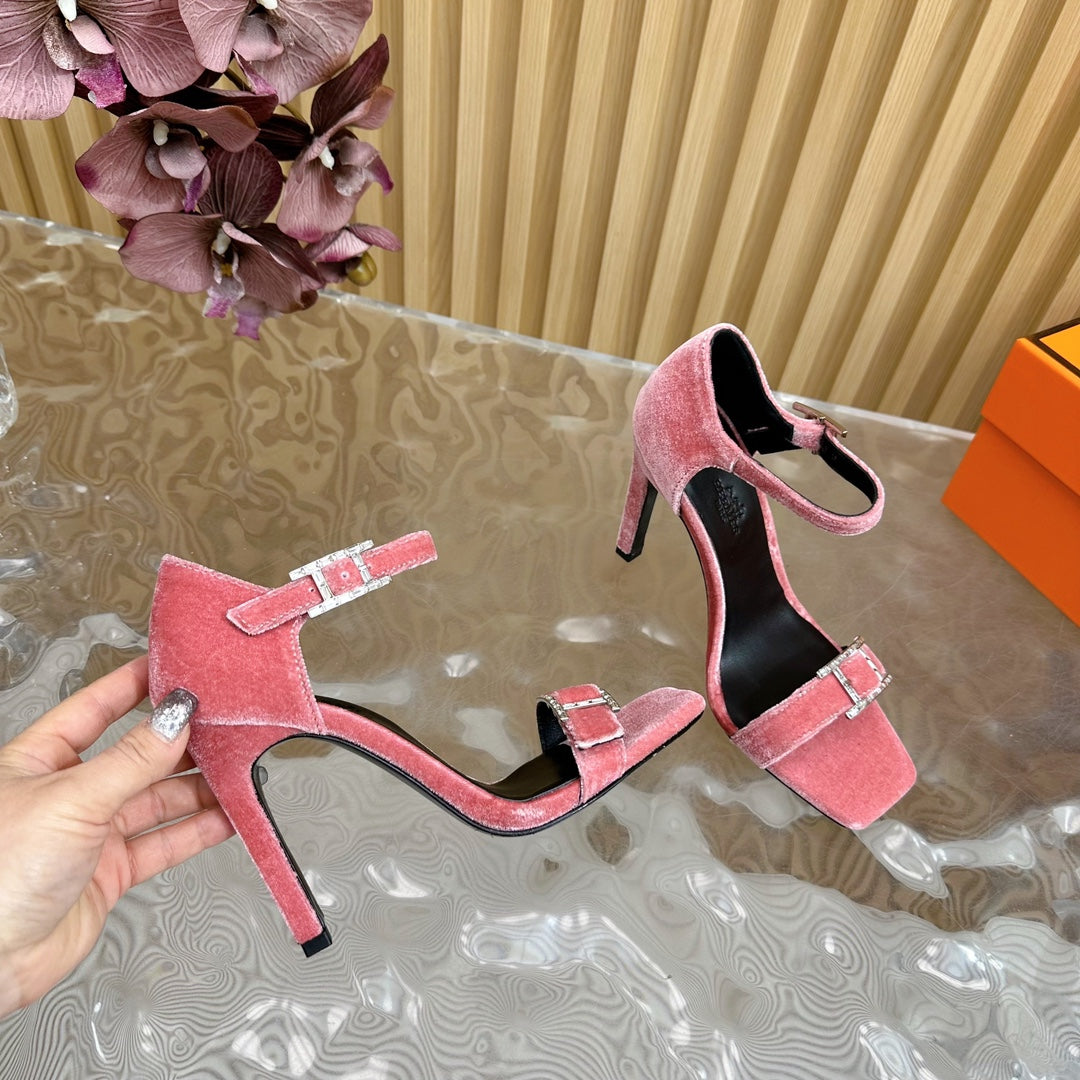 HERMES JULY SANDAL 105 MM IN ROUGE PINK VELVET