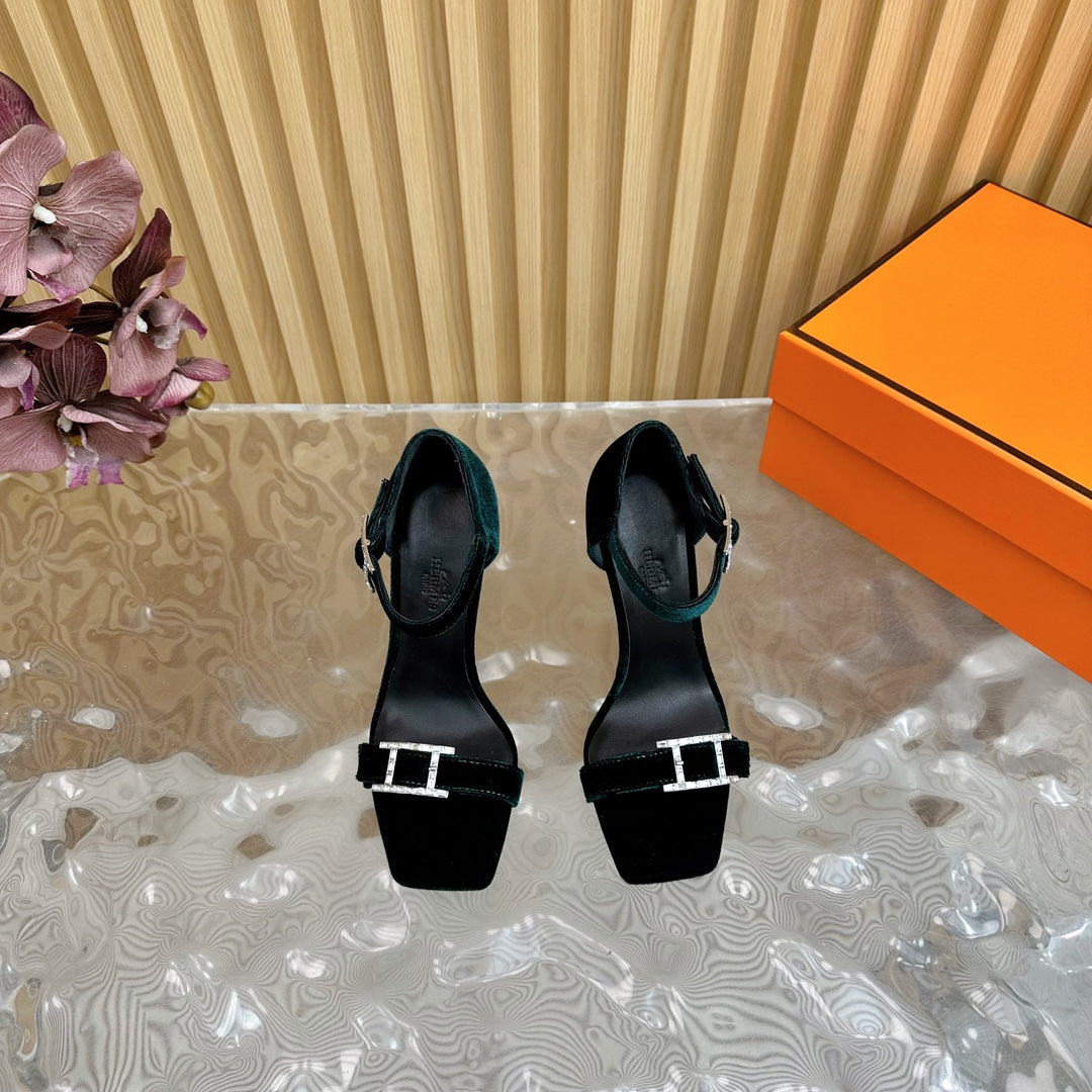 HERMES JULY SANDAL 105 MM IN TEAL GREEN VELVET