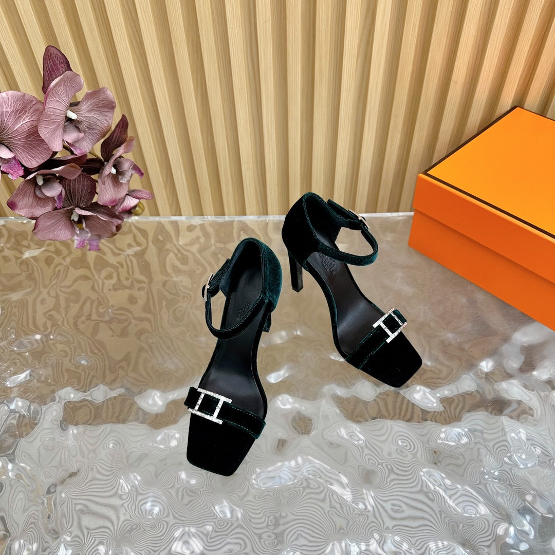 HERMES JULY SANDAL 105 MM IN TEAL GREEN VELVET