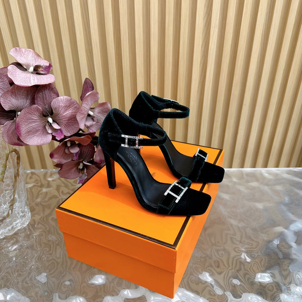 HERMES JULY SANDAL 105 MM IN TEAL GREEN VELVET