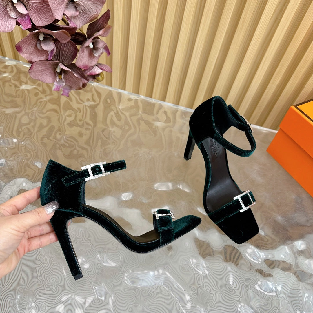 HERMES JULY SANDAL 105 MM IN TEAL GREEN VELVET
