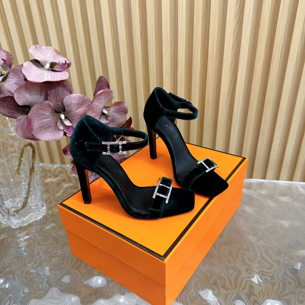 HERMES JULY SANDAL 105 MM IN TEAL GREEN VELVET