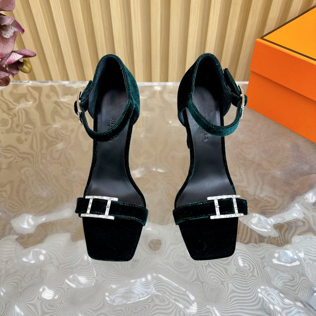 HERMES JULY SANDAL 105 MM IN TEAL GREEN VELVET