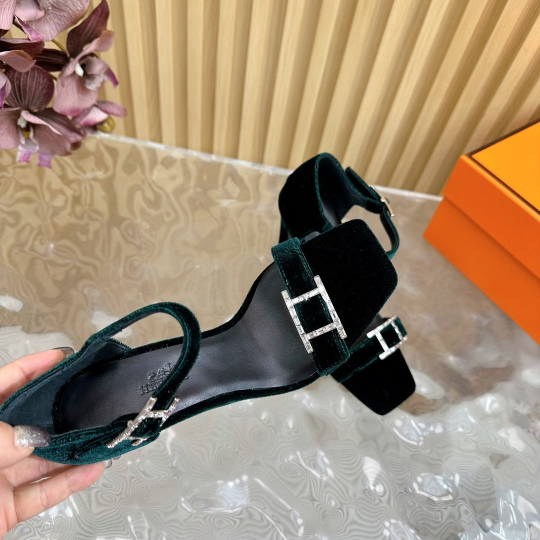 HERMES JULY SANDAL 105 MM IN TEAL GREEN VELVET