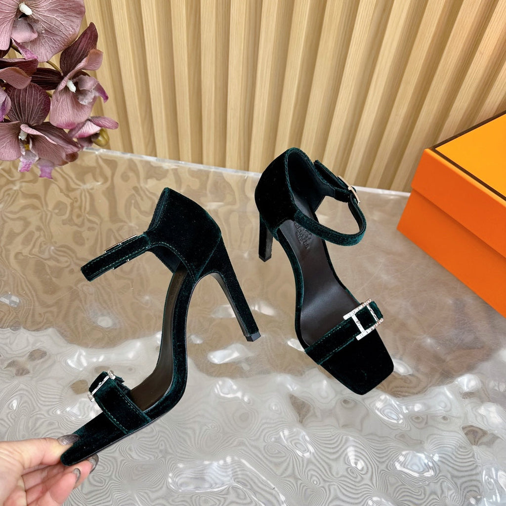 HERMES JULY SANDAL 105 MM IN TEAL GREEN VELVET