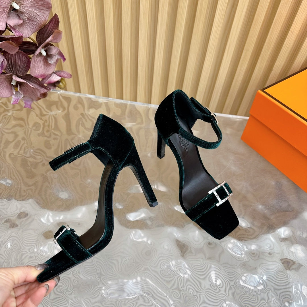 HERMES JULY SANDAL 105 MM IN TEAL GREEN VELVET