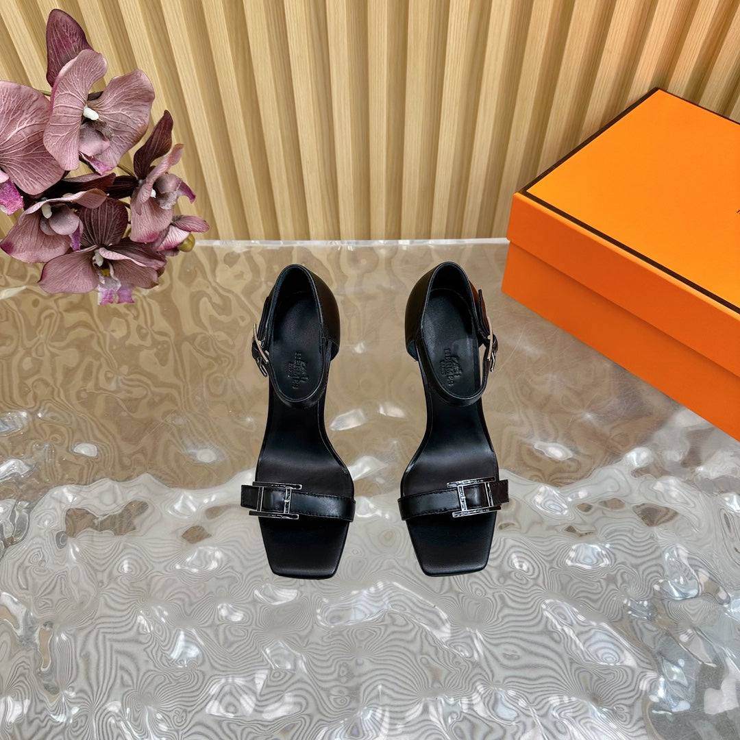 HERMES JULY SANDAL 105 MM IN BLACK CALFSKIN