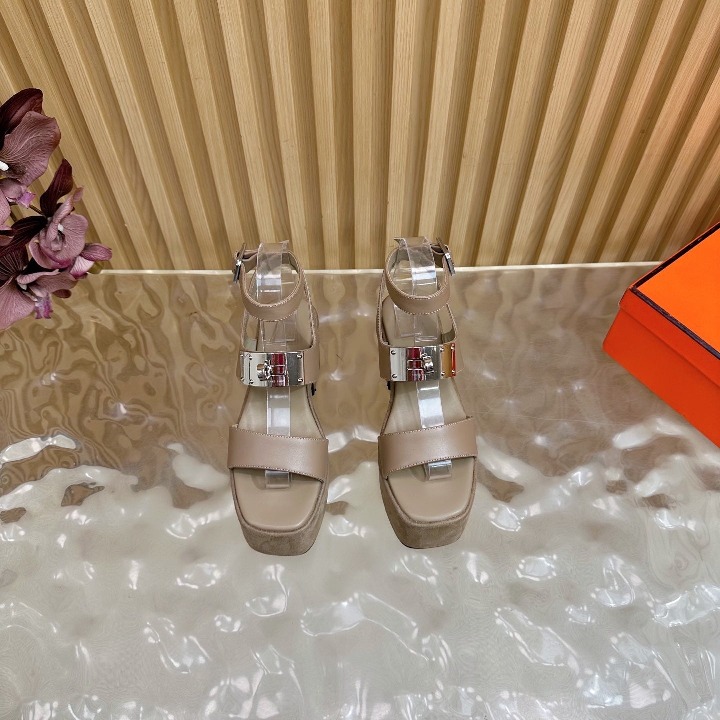 HERMES 25S CLASSIC WEDGE SANDALS 70 MM IN TAUPE BEIGE LAMBSKIN WITH SILVER HARDWARE