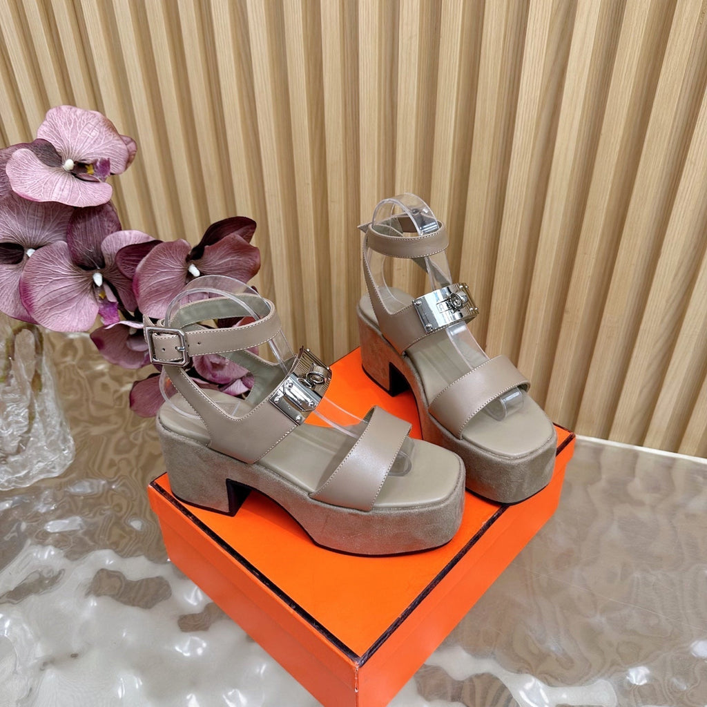HERMES 25S CLASSIC WEDGE SANDALS 70 MM IN TAUPE BEIGE LAMBSKIN WITH SILVER HARDWARE