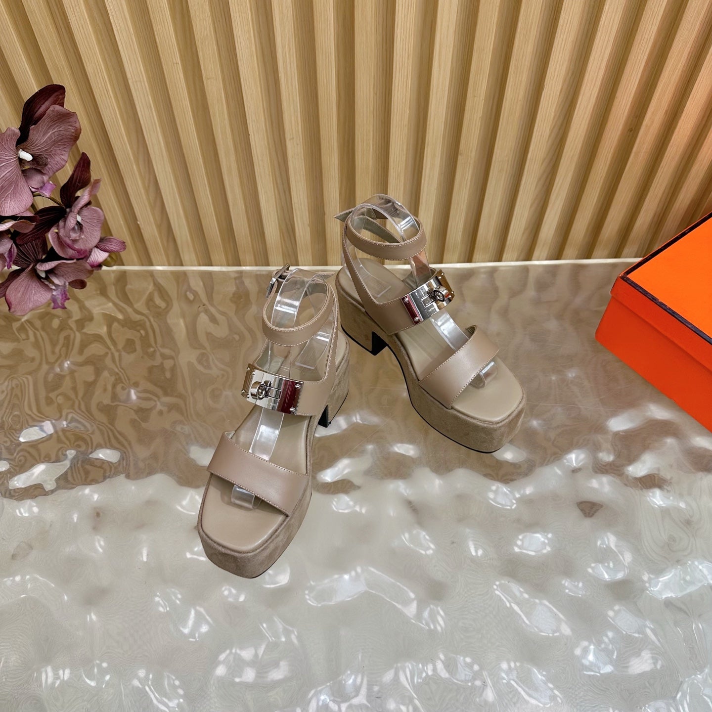 HERMES 25S CLASSIC WEDGE SANDALS 70 MM IN TAUPE BEIGE LAMBSKIN WITH SILVER HARDWARE