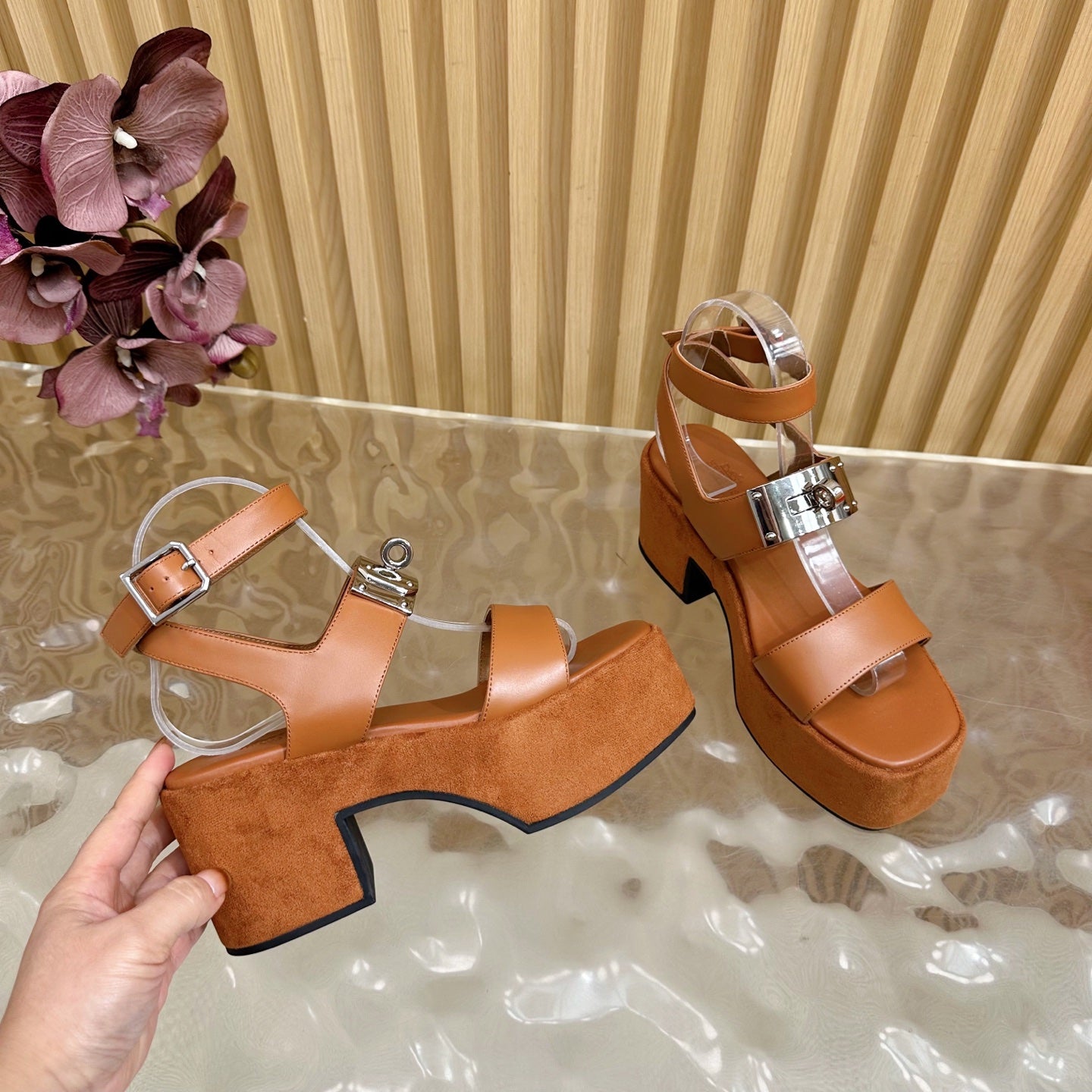 HERMES 25S CLASSIC WEDGE SANDALS 70 MM IN BROWN LAMBSKIN WITH SILVER HARDWARE
