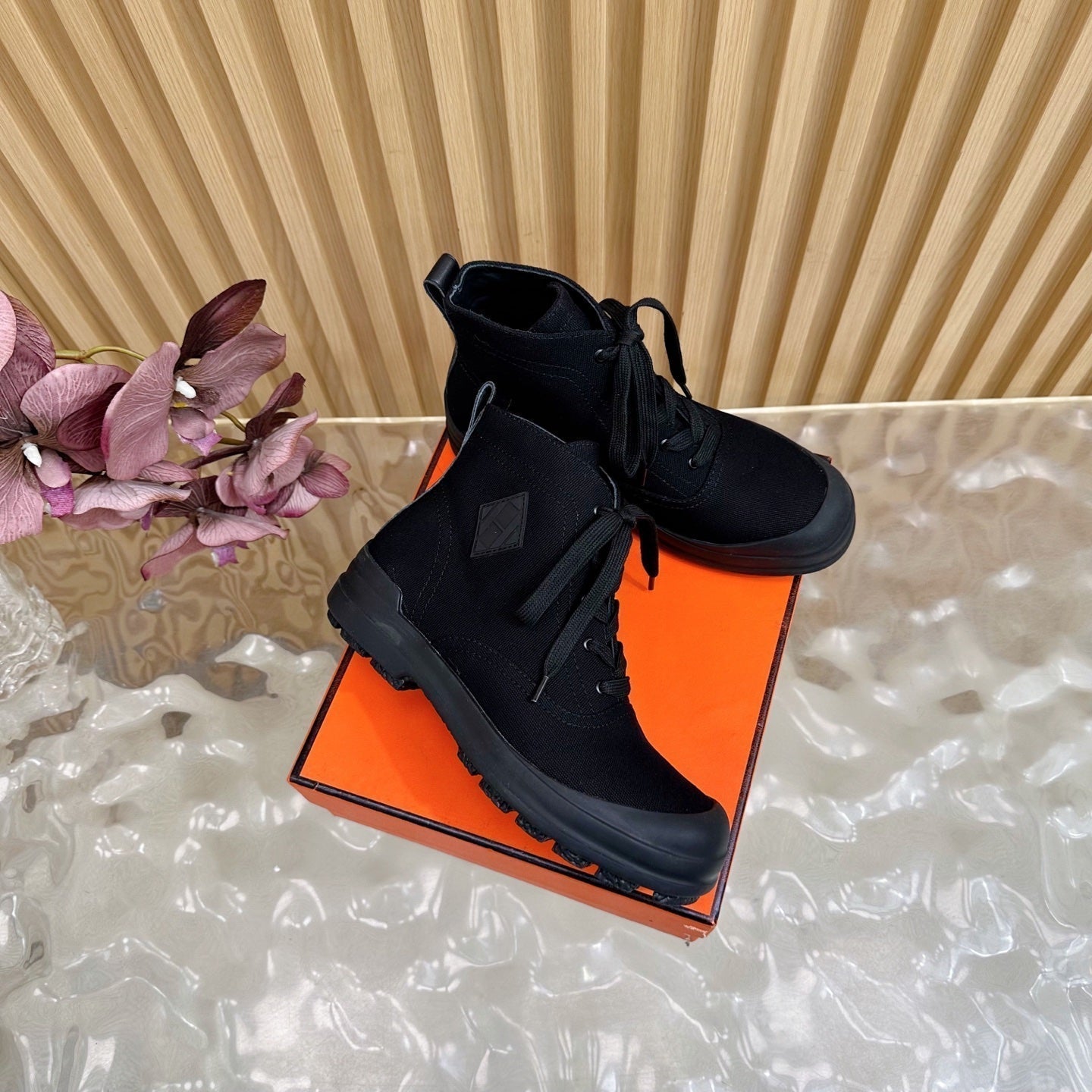HERMES 25S KOOLER ANKLE BOOTS IN BLACK CANVAS