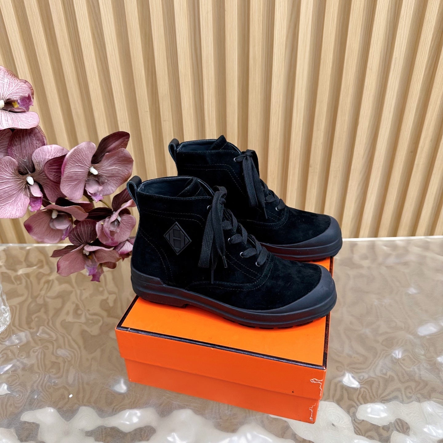 HERMES 25S KOOLER ANKLE BOOTS IN BLACK SUEDE
