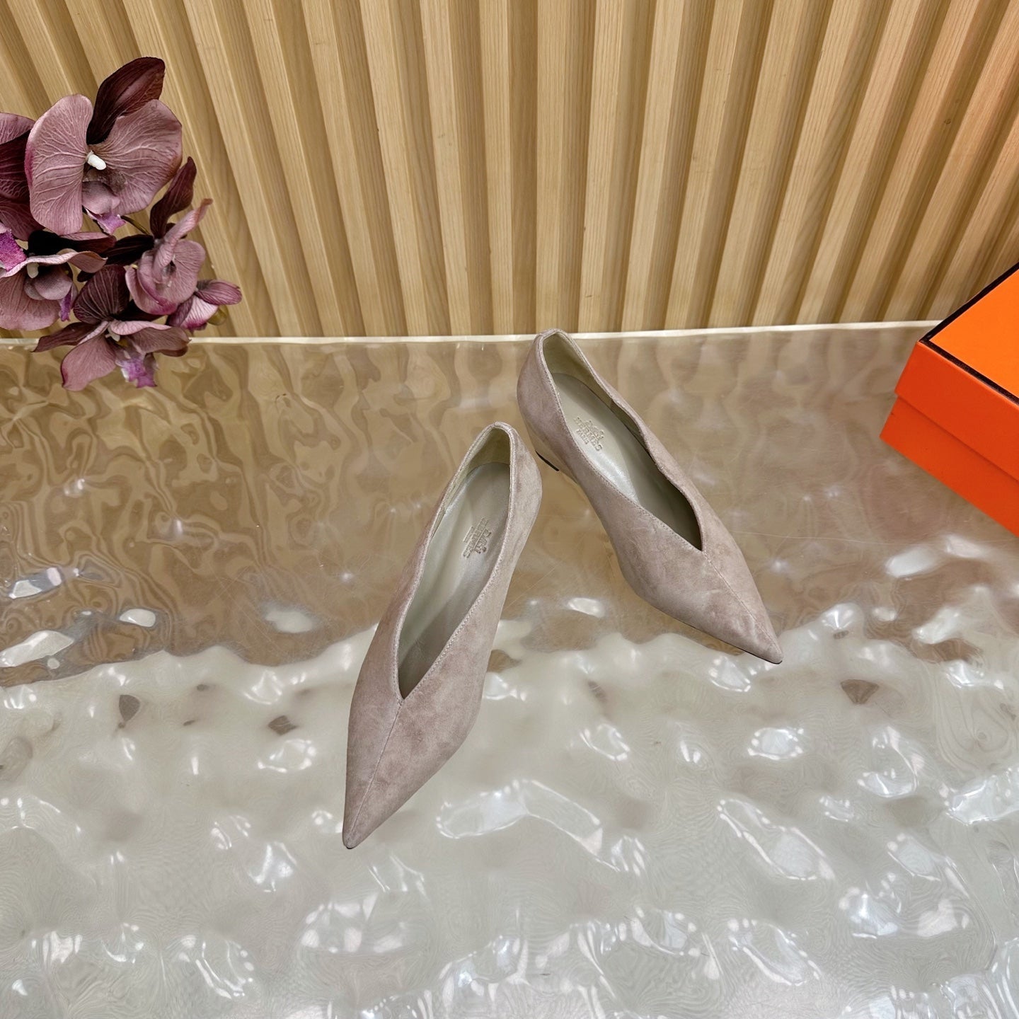 HERMES 25S HIGH-HEEL WEDGE SHOES 50 MM IN DUSTY BEIGE SUEDE