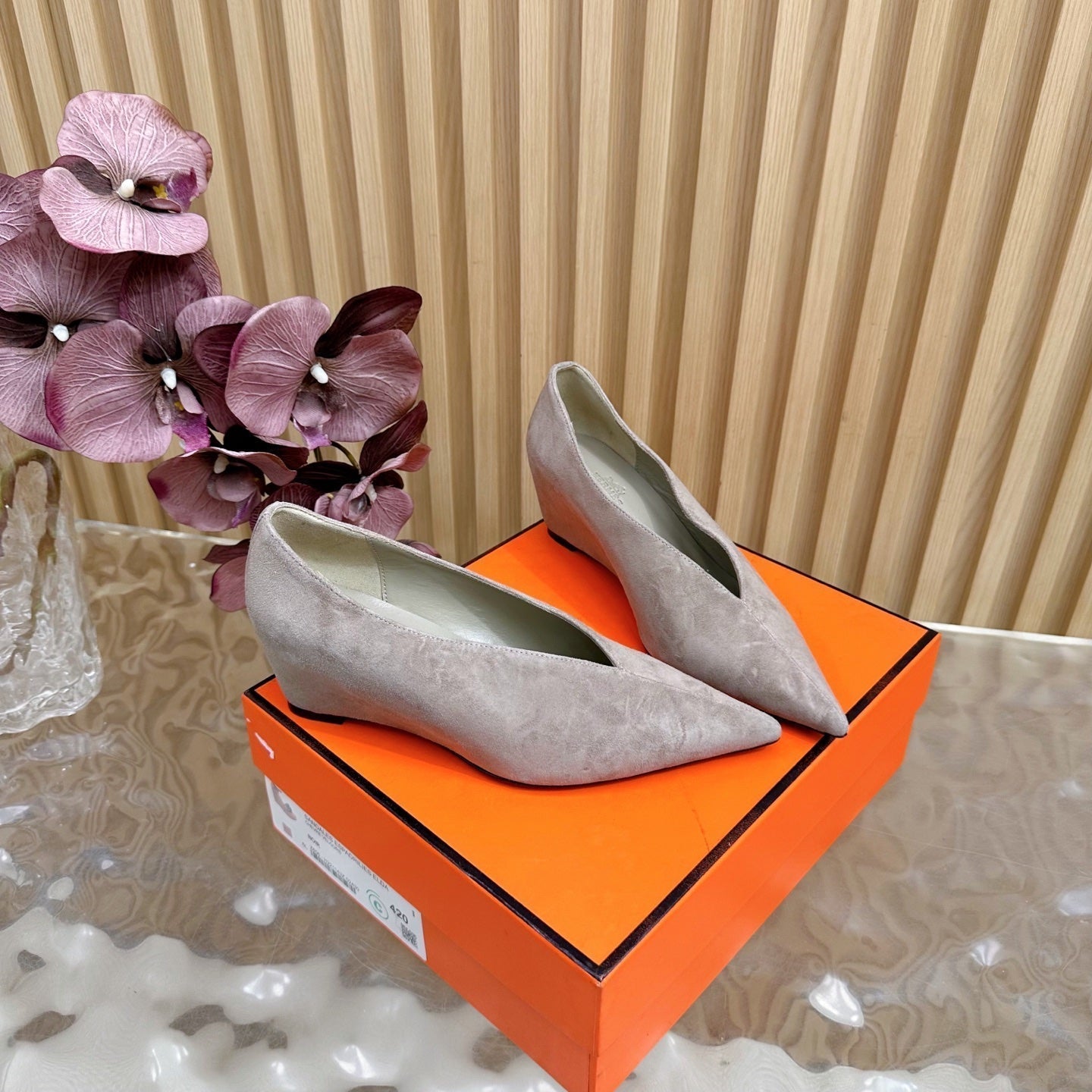 HERMES 25S HIGH-HEEL WEDGE SHOES 50 MM IN DUSTY BEIGE SUEDE