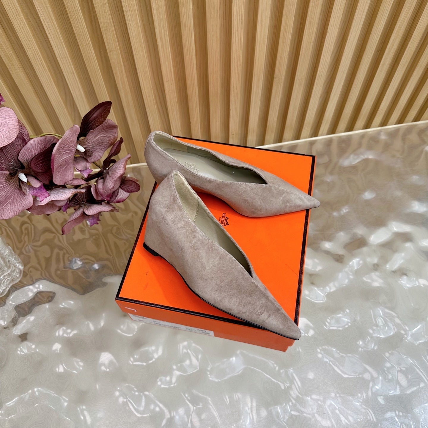 HERMES 25S HIGH-HEEL WEDGE SHOES 50 MM IN DUSTY BEIGE SUEDE