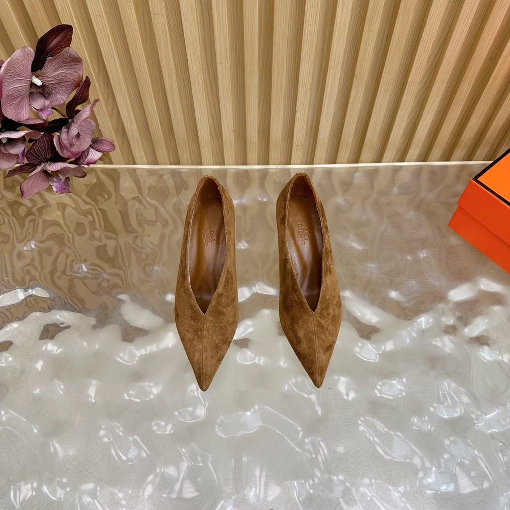 HERMES 25S HIGH-HEEL WEDGE SHOES 50 MM IN BROWN SUEDE