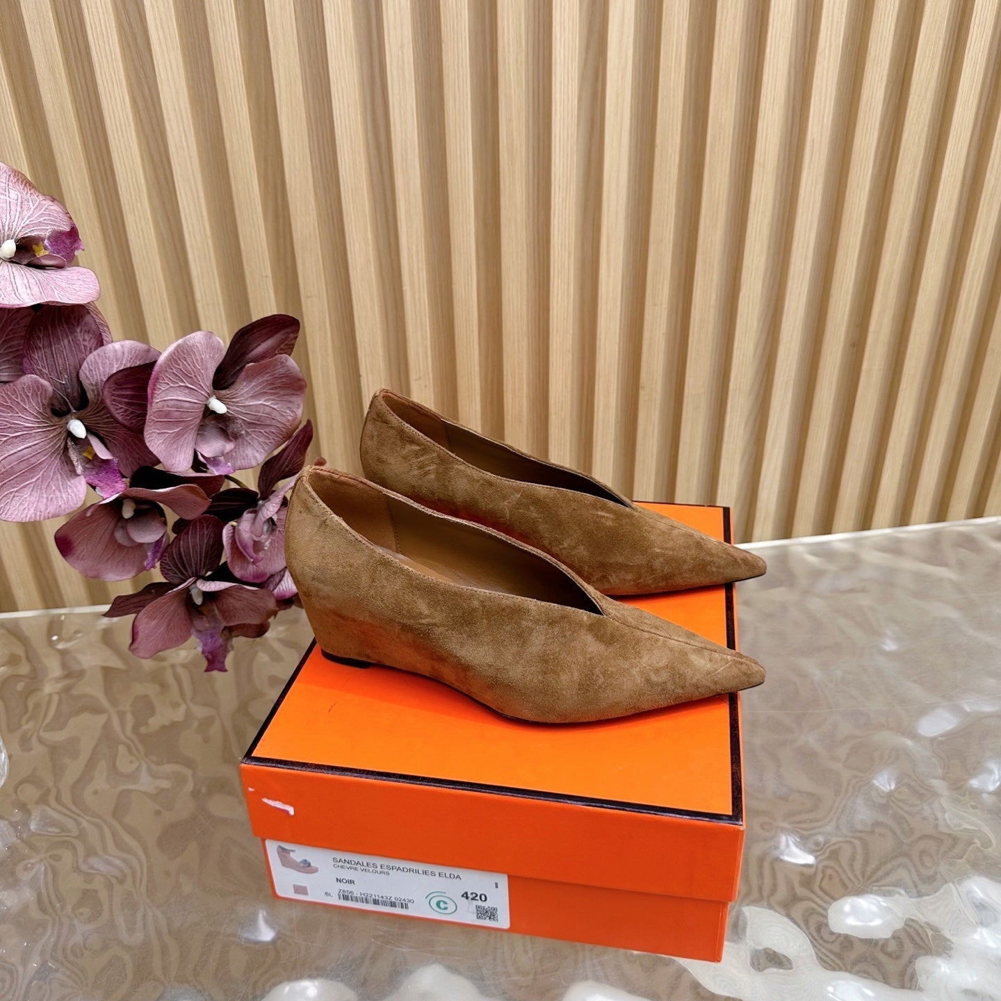 HERMES 25S HIGH-HEEL WEDGE SHOES 50 MM IN BROWN SUEDE