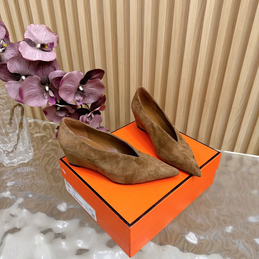 HERMES 25S HIGH-HEEL WEDGE SHOES 50 MM IN BROWN SUEDE