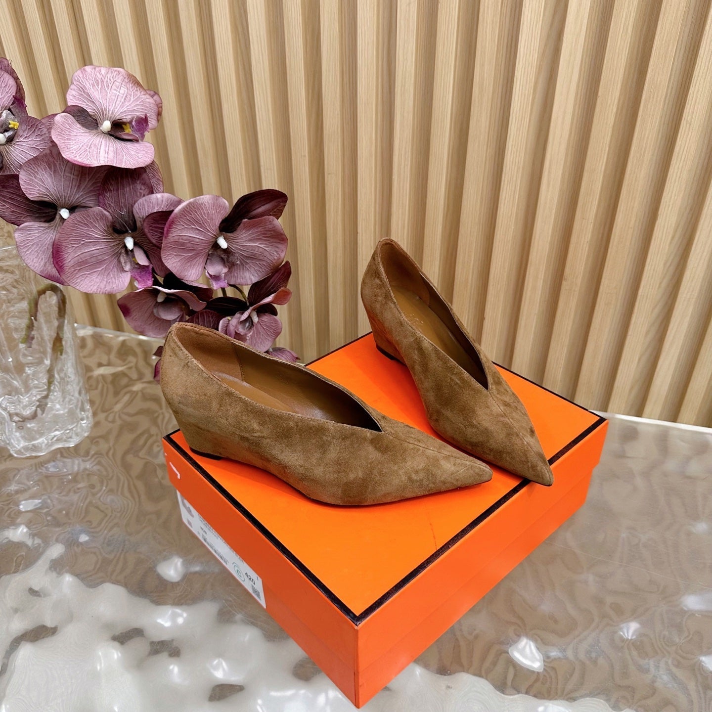 HERMES 25S HIGH-HEEL WEDGE SHOES 50 MM IN BROWN SUEDE