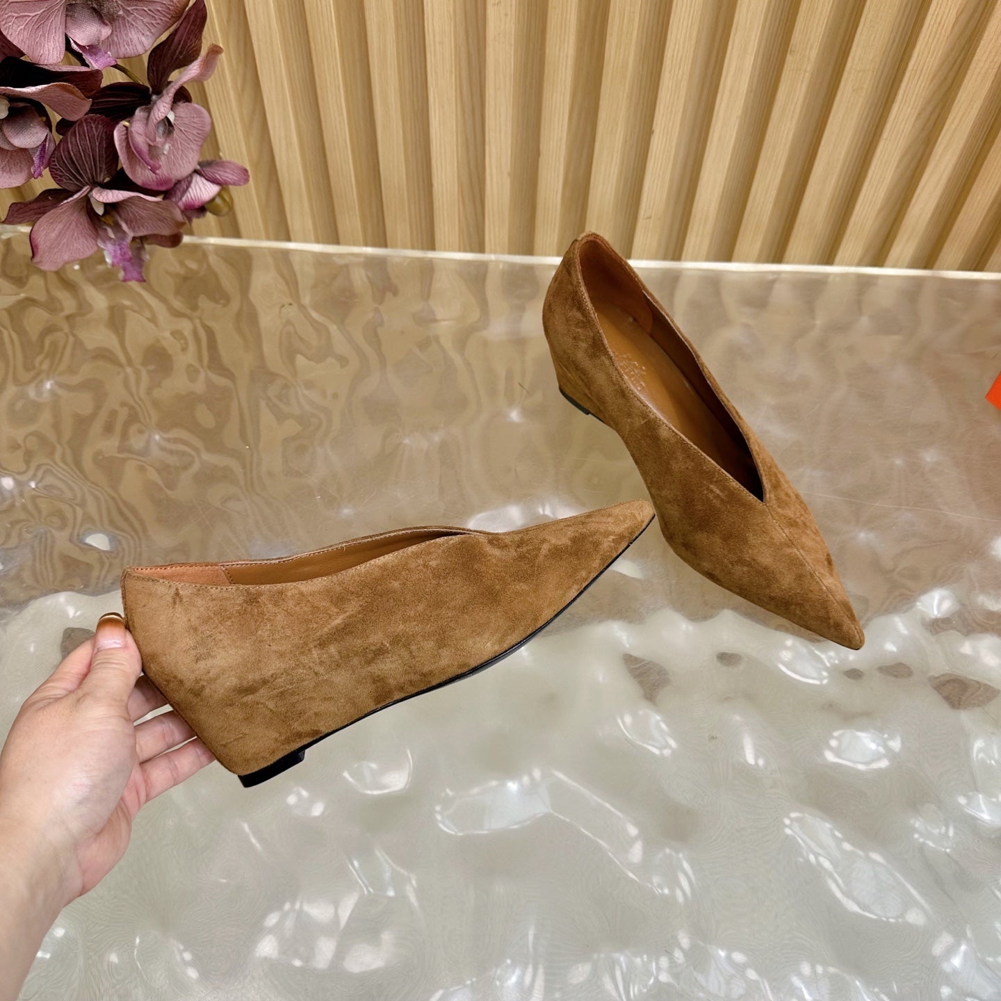 HERMES 25S HIGH-HEEL WEDGE SHOES 50 MM IN BROWN SUEDE