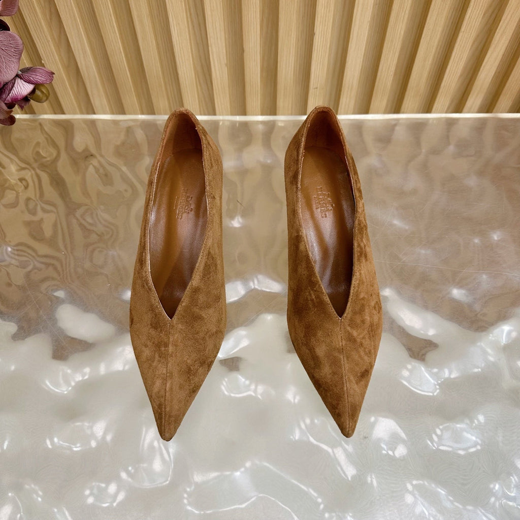 HERMES 25S HIGH-HEEL WEDGE SHOES 50 MM IN BROWN SUEDE