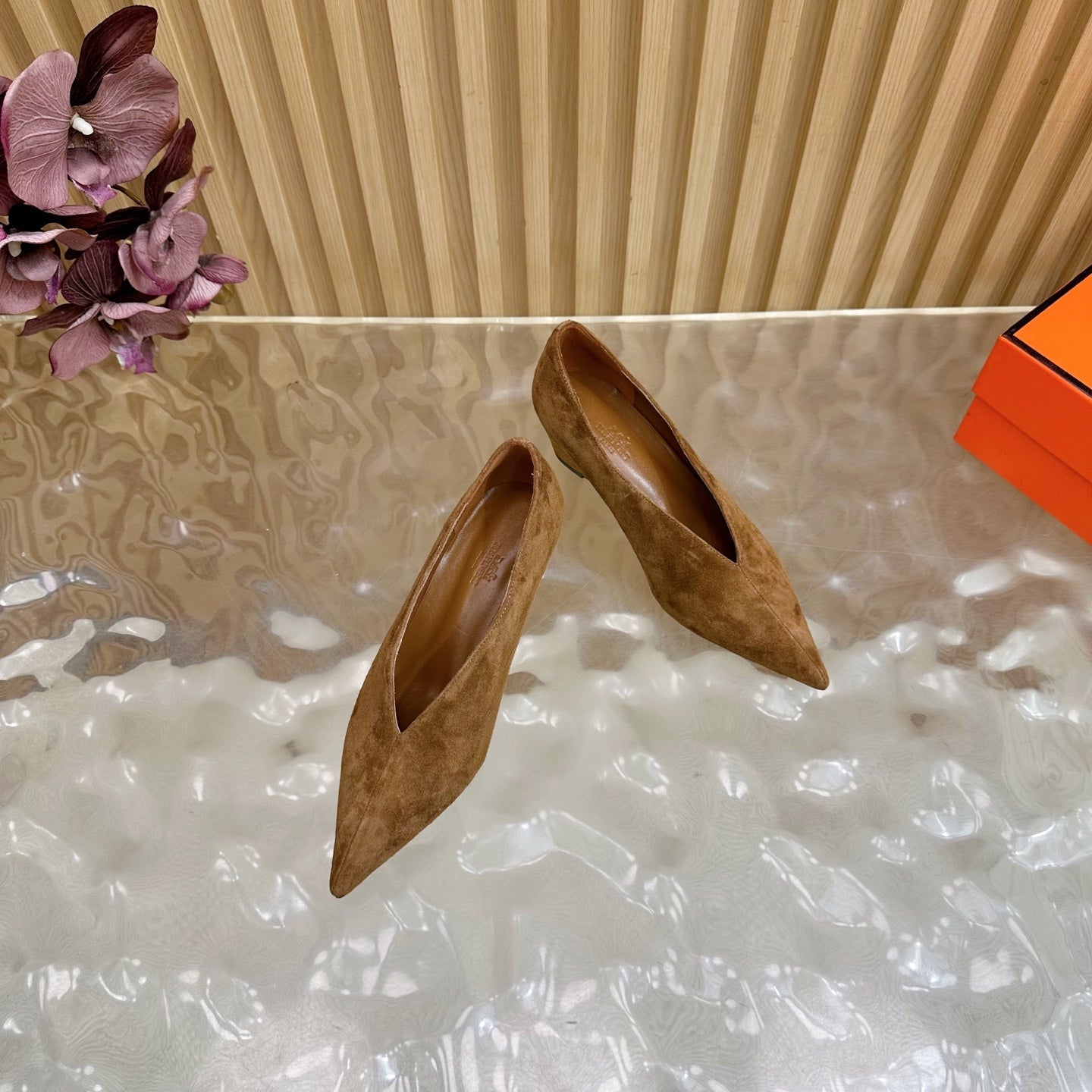 HERMES 25S HIGH-HEEL WEDGE SHOES 50 MM IN BROWN SUEDE