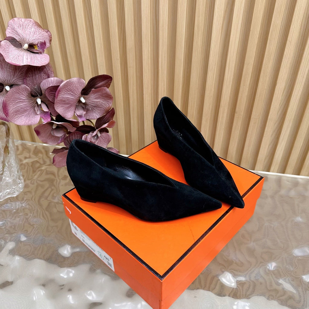 HERMES 25S HIGH-HEEL WEDGE SHOES 50 MM IN BLACK SUEDE