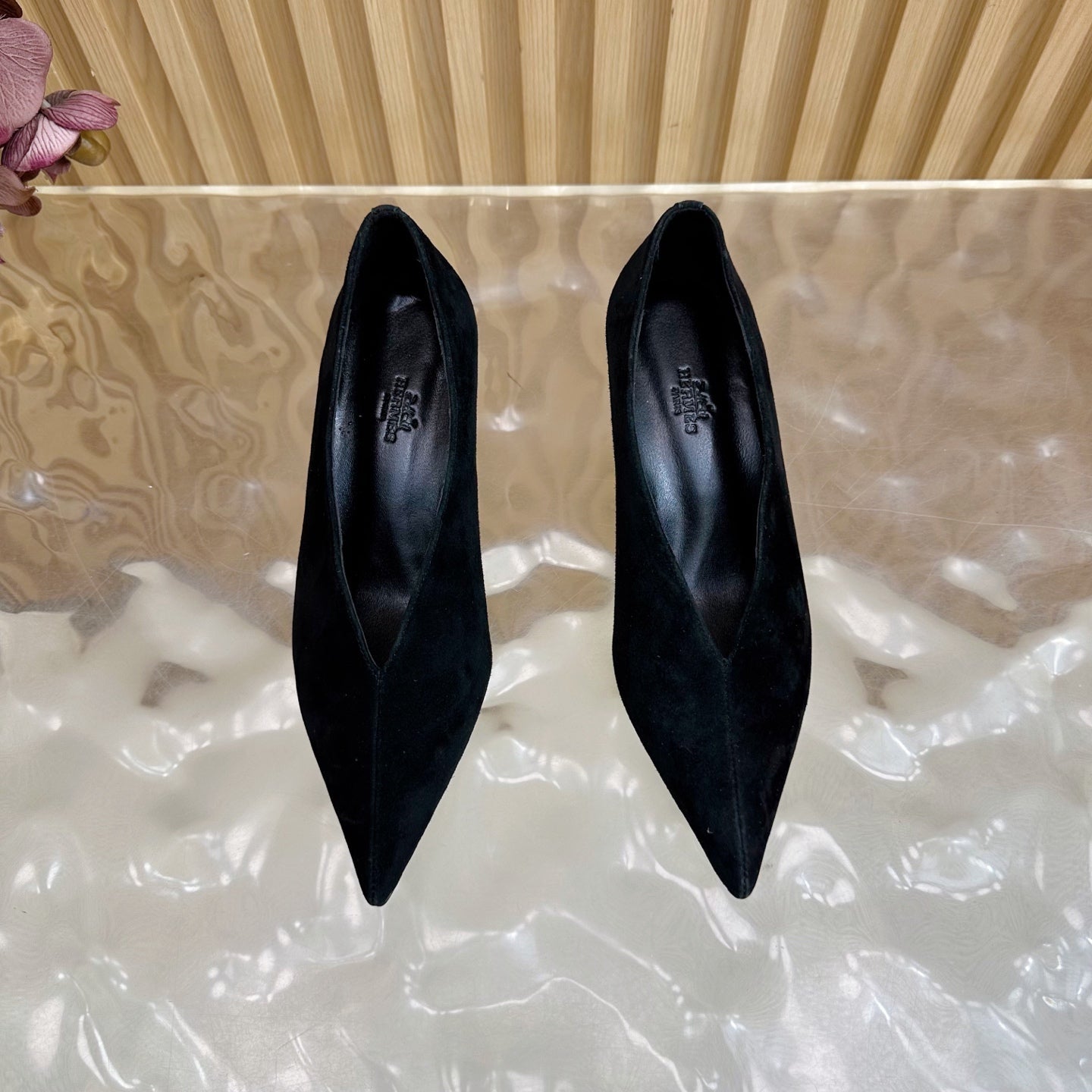 HERMES 25S HIGH-HEEL WEDGE SHOES 50 MM IN BLACK SUEDE