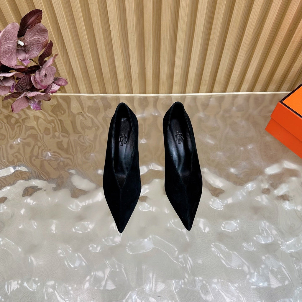 HERMES 25S HIGH-HEEL WEDGE SHOES 50 MM IN BLACK SUEDE