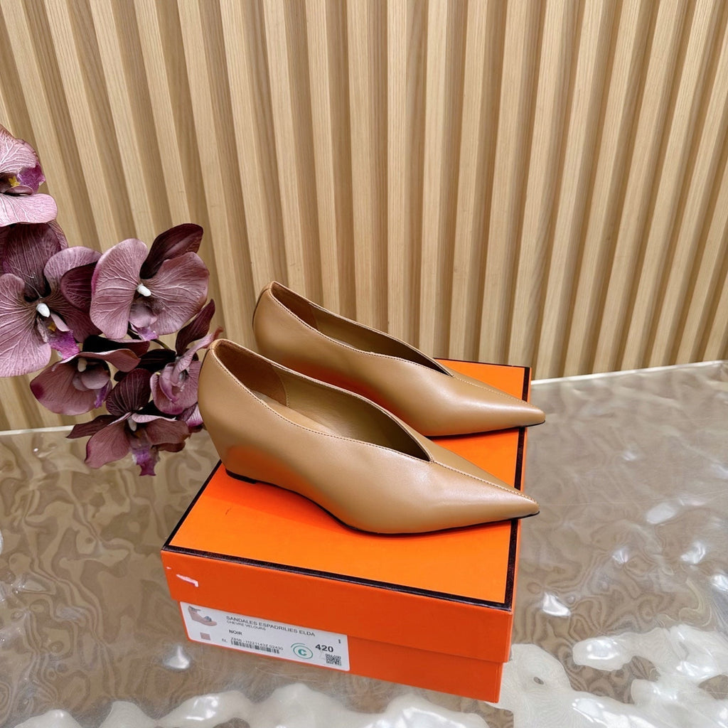 HERMES 25S HIGH-HEEL WEDGE SHOES 50 MM IN BROWN LAMBSKIN