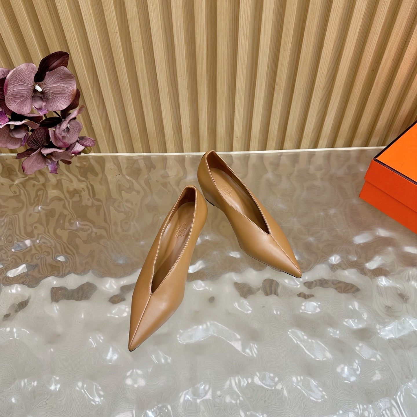 HERMES 25S HIGH-HEEL WEDGE SHOES 50 MM IN BROWN LAMBSKIN