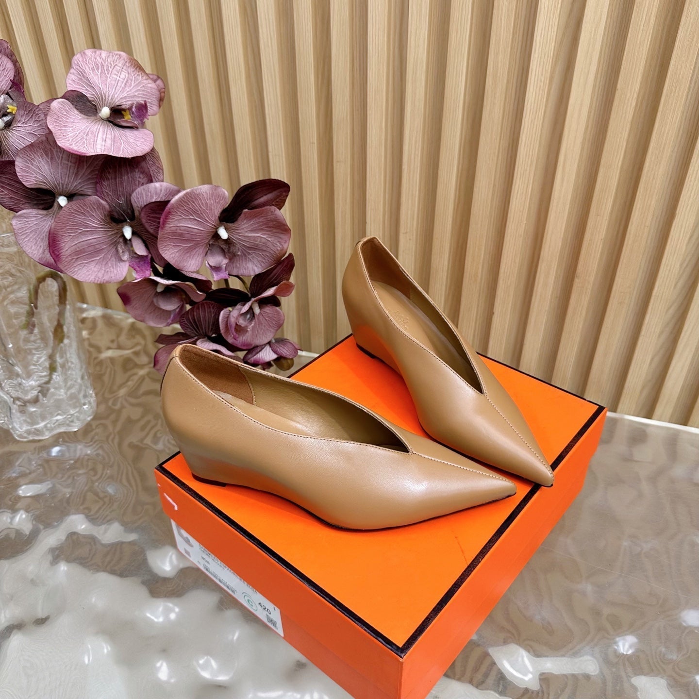 HERMES 25S HIGH-HEEL WEDGE SHOES 50 MM IN BROWN LAMBSKIN