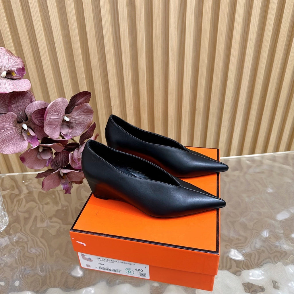 HERMES 25S HIGH-HEEL WEDGE SHOES 50 MM IN BLACK LAMBSKIN