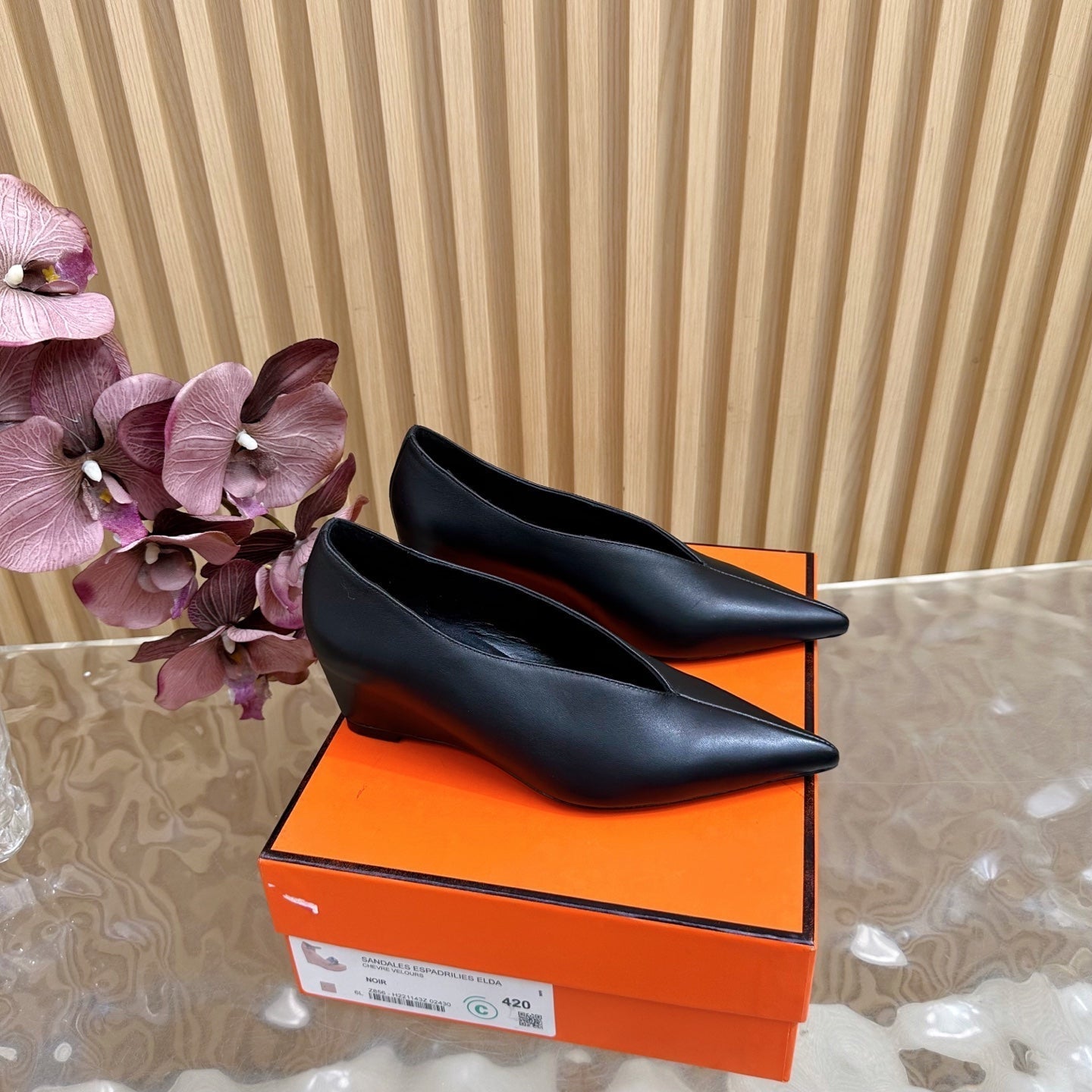 HERMES 25S HIGH-HEEL WEDGE SHOES 50 MM IN BLACK LAMBSKIN