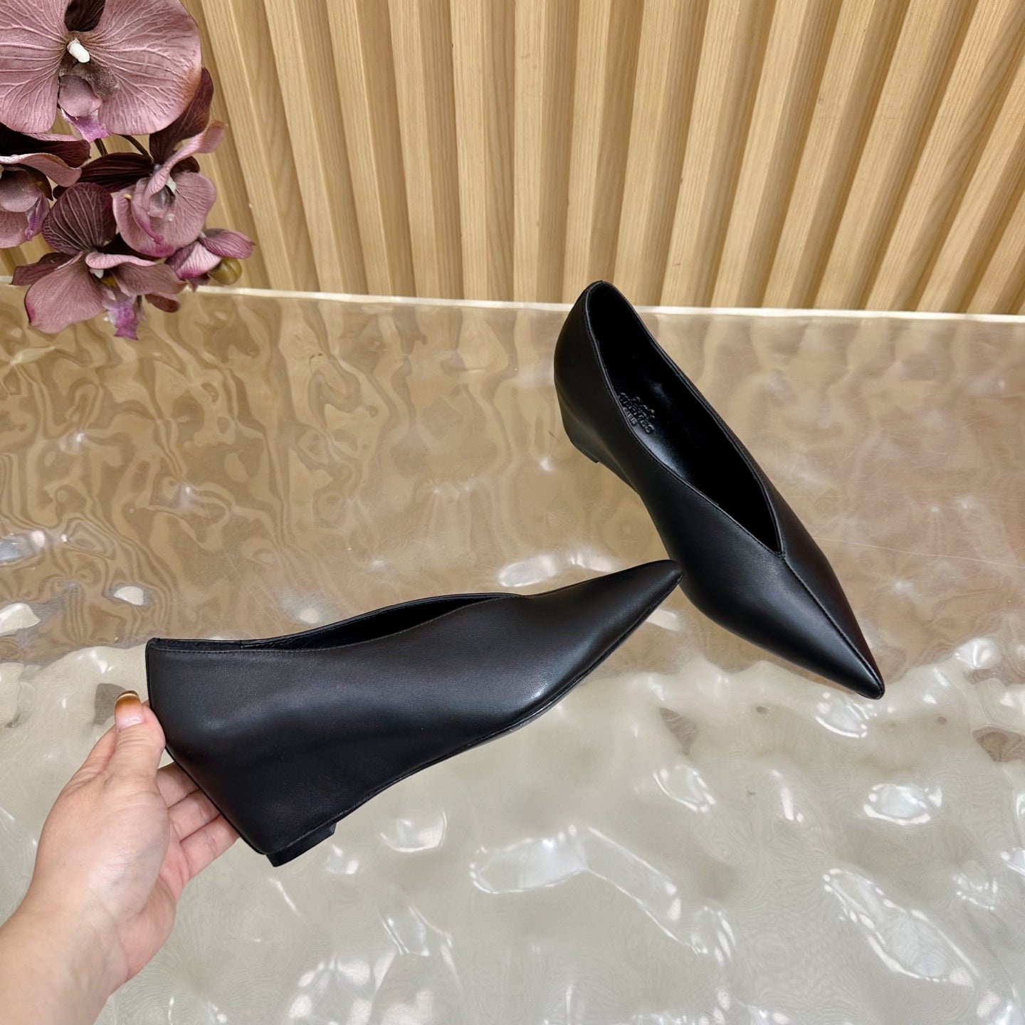 HERMES 25S HIGH-HEEL WEDGE SHOES 50 MM IN BLACK LAMBSKIN
